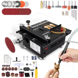 zuskyzu Mini Tischkreissäge, Tischkreissäge Klein mit Bandschleifer, Multifunktionale Tragbare Präzisions DIY Miniatur Tischkreissägen 4 Klingen, 7 Einstellbarer Geschwindigkeit,für Handwerk Handgefertigtes Holz