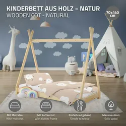 Kinderbett Tipi + Matratze Kinderhaus Bettgestell Bettenhaus Holz Natur 70x140cm