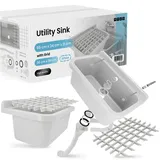 Waschbecken Spülbecken Ausgussbecken Waschtrog Becken 55 x 34 x 21 cm Weiß mit Gitter 36 x 30 cm Gewerbe Waschraum Garten Garage Keller Werkstatt Waschküche Außenwaschbecken Gartenwaschbecken