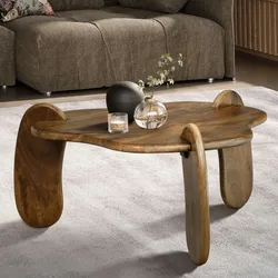 KADIMA DESIGN Couchtisch 78x78x39,5 cm Mango Massivholz Walnussfarben Sofatisch Niedrig, Dreibein Wohnzimmertisch Organisch, Design Kaffeetisch Wohnzimmer Modern