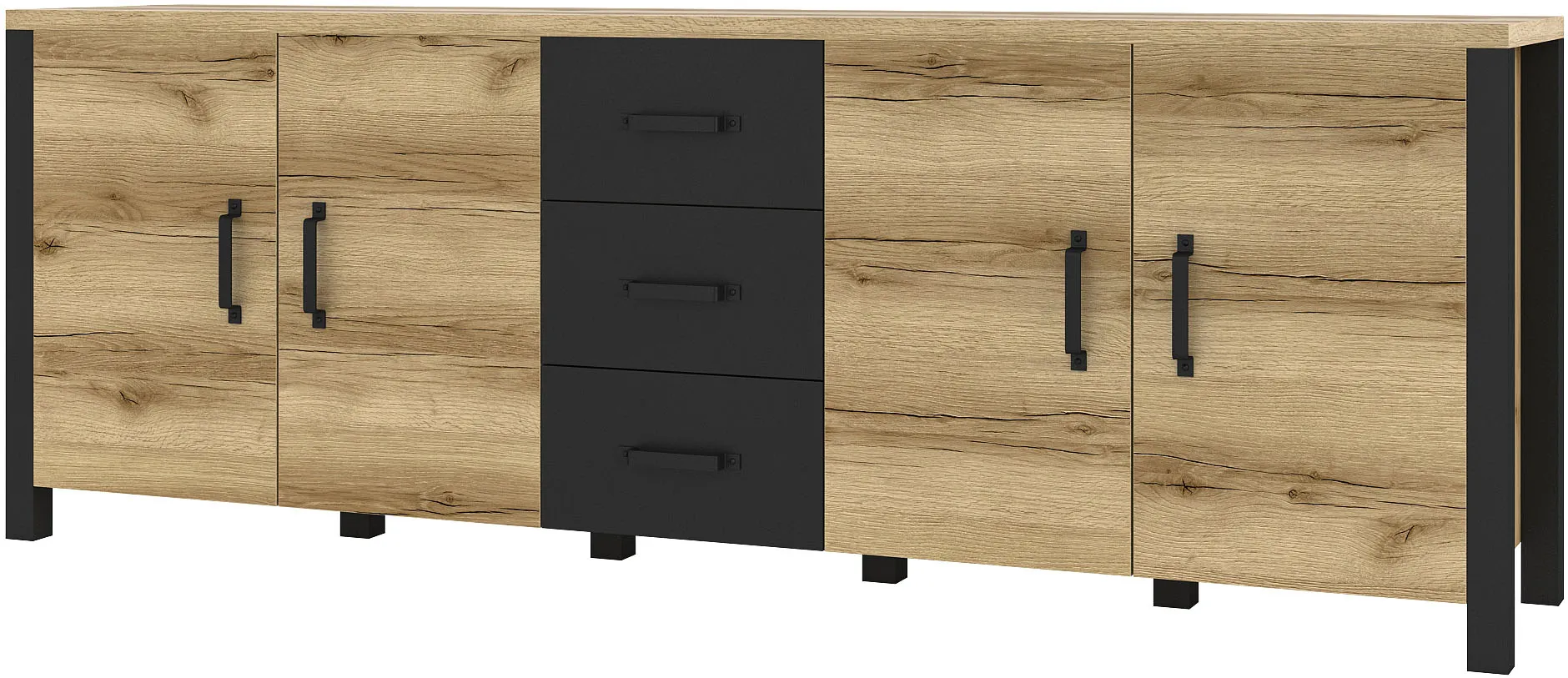 Sideboard HOME AFFAIRE "Olin" Sideboards Gr. B/H/T: 220cm x 79cm x 48cm, eiche grand natural/eiche grand natural-schwarz matt, 3 St., braun (eiche grand natural/eiche natural-schwarz matt) Breite 220cm