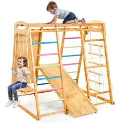 VEVOR Indoor Spielplatz Klettergerüst (7 in 1) aus Holz, 113 kg belastbares Montessori-Kletterspielzeug-Set mit Schaukel/Klettergerüst/Rutsche/Holzleiter/Strickleiter/Kletternetz/Fels