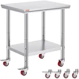 Vevor Arbeitsplatte 76 x 60 x cm, Gastronomie-Arbeitsplatte aus Edelstahl, Essenszubereitungstisch auf Rollen, Küchenbar, gewerbliche Arbeitsplatte, 4 verstellbare Füße