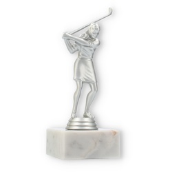 Pokal Kunststofffigur Golf Damen silbermetallic auf weißem Marmorsockel 16,0cm