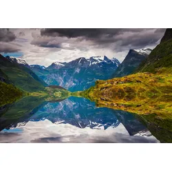 Fototapete PAPERMOON "FJORD NORWEGEN-SEE GEBIRGE BERGE ALPEN SONNE DORF MEER", bunt, B:3,00m L:2,23m, Vlies, Tapeten