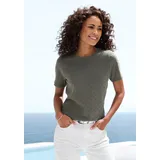 VIVANCE "mit sommerlichem Ajour-Muster", Damen, Gr. 36/38, grün (graugrün), Feinstrick, Obermaterial: 60% Baumwolle, 40% Polyester, figurumspielend, Rundhals, Shirts, aus luftiger Baumwoll-Qualität, Topseller