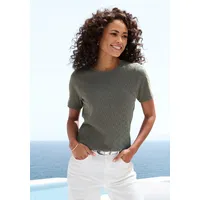 VIVANCE "mit sommerlichem Ajour-Muster", Damen, Gr. 36/38, grün (graugrün), Feinstrick, Obermaterial: 60% Baumwolle, 40% Polyester, figurumspielend, Rundhals, Shirts, aus luftiger Baumwoll-Qualität, Topseller