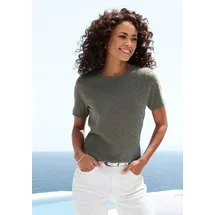 VIVANCE Kurzarmshirt "mit sommerlichem Ajour-Muster", Damen, Gr. 36/38, grün (graugrün), Feinstrick, Obermaterial: 60% Baumwolle, 40% Polyester, figurumspielend, Rundhals, Shirts, aus luftiger Baumwoll-Qualität, Topseller