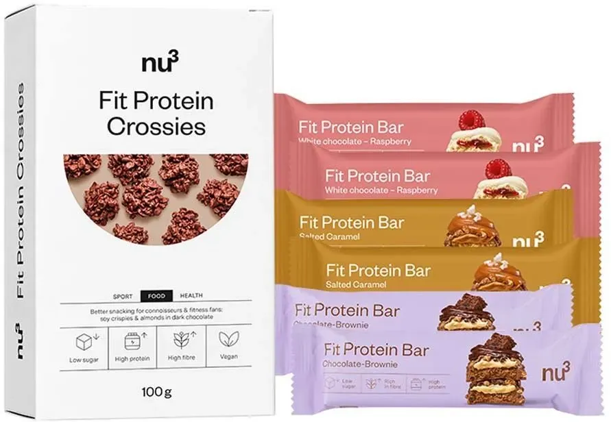 nu3 Fit Protein Crossies + Protein Bar, Salted Caramel + Protein Bar, Chocolate Brownie + Protein Bar, White Chocolate Raspberry