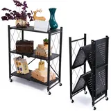 STREND PRO Klappbares Regal mit Rollen, 3 Etagen Faltbare Aufbewahrungswagen Einheit, Rädern 150 kg Tragfähigkeit, Lagerregal, Metallregal Schwarz, Klappregal für die Küche, Büro