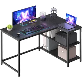 VASAGLE Eckschreibtisch in L-Form, Computertisch mit Stauraum, Bürotisch, höhenverstellbare Ablage, für Homeoffice, 110 x 80 cm, ebenholzschwarz