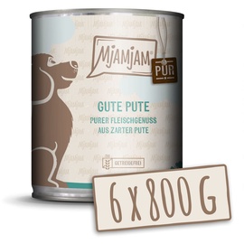 MjAMjAM - Premium Nassfutter für Hunde - purer Fleischgenuss - gute Pute pur 800g, 6er Pack (6 x 800g), naturbelassen mit extra viel Fleisch