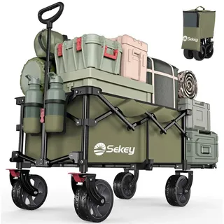 Sekey XXL Bollerwagen Faltbar mit Erweiterbarer Heckklappe 135L & 200L, Faltbarer Bollerwagen Angelwagen Zusammenfaltbar aus Vier Richtungen bis 150KG, Flexi 4019, Olivgrün