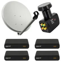 PremiumX SAT Anlage 60cm Antenne Hellgrau Quad LNB 4x TV Receiver