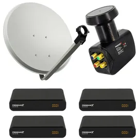 PremiumX SAT Anlage 60cm Antenne Hellgrau Quad LNB 4x TV Receiver
