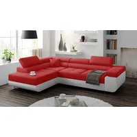 Ecksofa mit schlaffunktion und bettkasten, Sofa L-form, Couch L-form Webstoff Rot + Weiß Ottomane Links