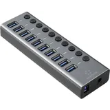 Renkforce RF-6027504 10 Port USB 3.2 Gen 2-Hub einzeln schaltbar, mit Aluminiumgehäuse Silber-Schwarz