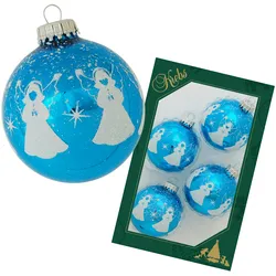 Krebs Glas Lauscha Hellblau glanz 7cm Glaskugel mit weißer Banddekoration Engel bestreut