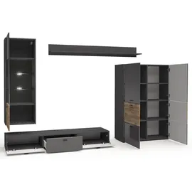 Feldmann-Wohnen Wohnwand, Grau, Braun, Holzwerkstoff, 11 Fächer, 1 Schubladen, Rechteckig, 300x144x40 cm, Wohnzimmer, Wohnwände, Anbauwände