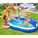 KingSom Aufblasbares Planschbecken für Kinder, Wasserspielcenter mit Meeresmotiven, Aufblasbares Planschbecken mit Rutsche, Sprinkle, Basketballkorb, Wasserspielzeug Kinder Outdoor, 305 x 178 x 127 cm