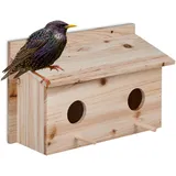 Relaxdays Nistkasten für Stare, natürliches Tannenholz, 2X Einflugloch 5 cm, Sitzstange, Vogelhaus zum Aufhängen, Natur