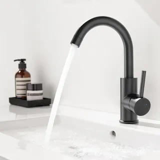 Auralum Wasserhahn Bad Schwarz, 360° Drehbar Waschtischarmatur Hoch Waschbecken Armaturen mit 18 CM Auslaufhöhe, Warm- und Kaltwasser, Badezimmer Mischbatterie Badarmatur für Gäste-WC & kleine Küche