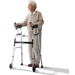 Vevor 2-in-1-Gehgestell, zusammenklappbar, Gehbock mit abnehmbaren Armlehnen, höhenverstellbar, Gehhilfe Aluminium Mobilitätshilfe mit Vorderrädern für ältere und behinderte Menschen, 204 kg
