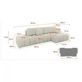 altdecor Ecksofa Olea-L2-S Samt mit Schlaffunktion 3-Sitzer Creme