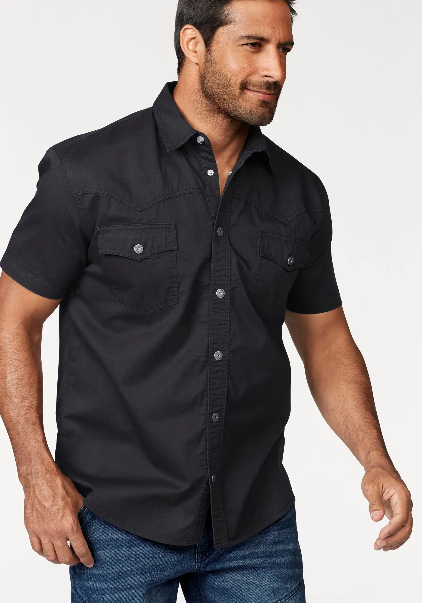 Kurzarmhemd ARIZONA, Herren, Gr. 49/50 (4XL), N-Gr, schwarz, Obermaterial: 100% Baumwolle, unifarben, Basic, normal normal, Hemden, im Western-Stil, Topseller