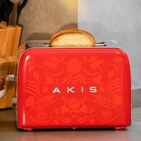 AKIS La Fête Design Edelstahl Toaster mit Brötchenaufsatz, 2 Scheiben, retro rot