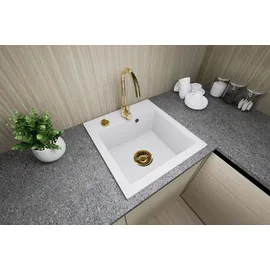 faizee home [Granitspüle 48x50 mit Armatur Gold Weiß] Hochwertig beidseitig Montierbar Küchenspüle Eckig Einbaugranitspüle Granit Spülbecken f. Unterschr... - Weiß