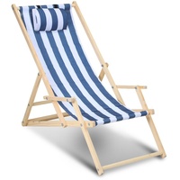 Hengda Liegestuhl Strandliege Sonnenliege Gartenliege Holz Liege Holzstrandliege120kg Blau weiß Mit Handläufen