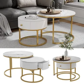 Vicco Couchtisch-Set Madrid, Marmor Weiß, 70 x 70 cm, Kleiner Tisch mit Schublade