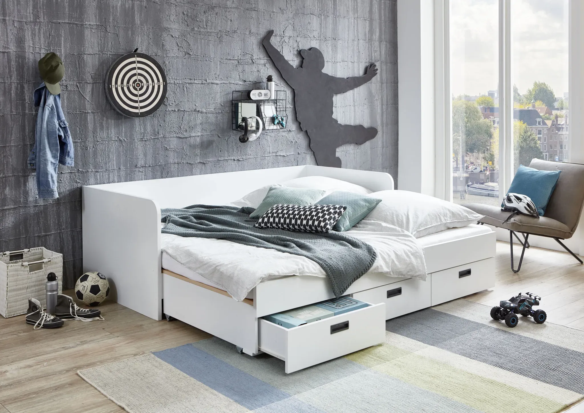 Relita Einzelbett, ausziehbar auf 180x200 cm, 3 Schubladen, mit Lattenrost, 2 Farben Relita Weiß Dekor + Weiß Dekor + Weiß Dekor