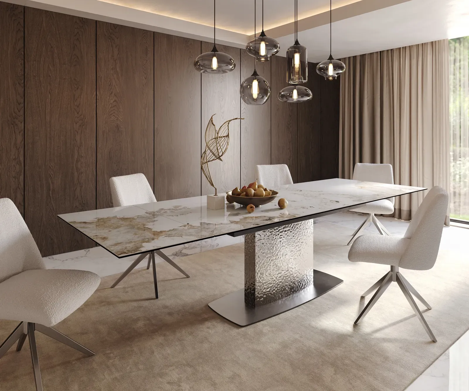 DELIFE Table à manger Edge 200-300x100 céramique Minas mélange blanc-beige Wave acier inoxydable extensible, Tables de salle à manger