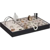 Relaxdays Schmucktablett Damen, Schmuckkasten inklusive Ringbox, Schmucklade flach, 30 Fächer, Samt, schwarz