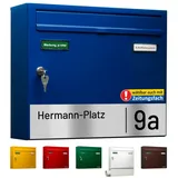 AL Briefkasten Systeme Basic-Line 1er Briefkasten personalisiert mit Namen Schild Straße und Hausnummer - Postkasten Blau modern mit Gravur wetterfest Wandbriefkasten Zaunbriefkasten
