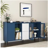 OKWISH Sideboard für Küche und Wohnzimmer (Moderne Küchen-Aufbewahrung mit Glastüren, 2 Schubladen & offenen Ablagefächern, vielseitiger Sideboard-Buffet-Schrank aus Holz – 150 cm, stabil & dekorativ, 1 St) blau 150 cm x 80 cm x 39 cm