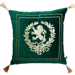 Casa Padrino Luxus Deko Kissen Wappen Dunkelgrün / Gold mit goldenen Troddeln 45 x 45 cm - Feinster Samtstoff - Luxus Wohndeko
