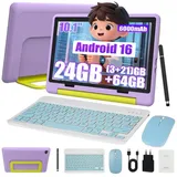 Happybe 10’’ 24(3+21)GB+64GB Android 16 mit Hülle Kindersicherung WLAN Kinder Tablet (10.1", 64 GB, Android) blau|lila