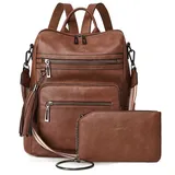 Shrrie Rucksack Damen,Cityrucksack Reiserucksack,PU Lederrucksack Handtasche Rucksack Damen Wasserdicht mit Geldbörse für Freizeit,Büro,Pendeln,Arbeit,Daypack-Ölwachsbraun