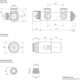 luxebath Heizkörperthermostat Ventil-Armaturen Set Multiblock Chrom Eckform inkl Thermostatkopf
