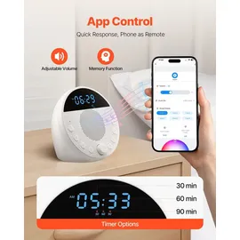 Vevor Einschlafhilfe, White Noise Machine, 18 Musktitel, 7-farbiges Nachtlicht, 6-in-1-Soundmaschine mit weißem Rauschen & zwei Alarmen, APP, automatischer Abschalttimer & Speicherfunktion