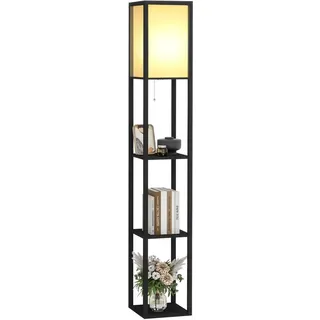 FULLWATT Stehlampe mit Holzregal Innenbeleuchtung Holz Stehleuchte mit Regalen für Schlafzimmer und Wohnzimmer (schwarz)