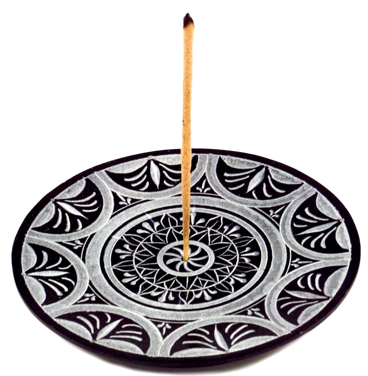 GURU SHOP Indischer Räucherstäbchenhalter Ø 10 cm aus Speckstein, Kerzenteller - Sonnen Mandala, Schwarz, Räucherstäbchen Halter