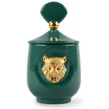 Casa Padrino Luxus Duftspender Luchs Katze Grün / Gold Ø 11 x H. 21 cm - Runder Porzellan Raumerfrischer mit Deckel - Deko Accessoires - Luxus Qualität