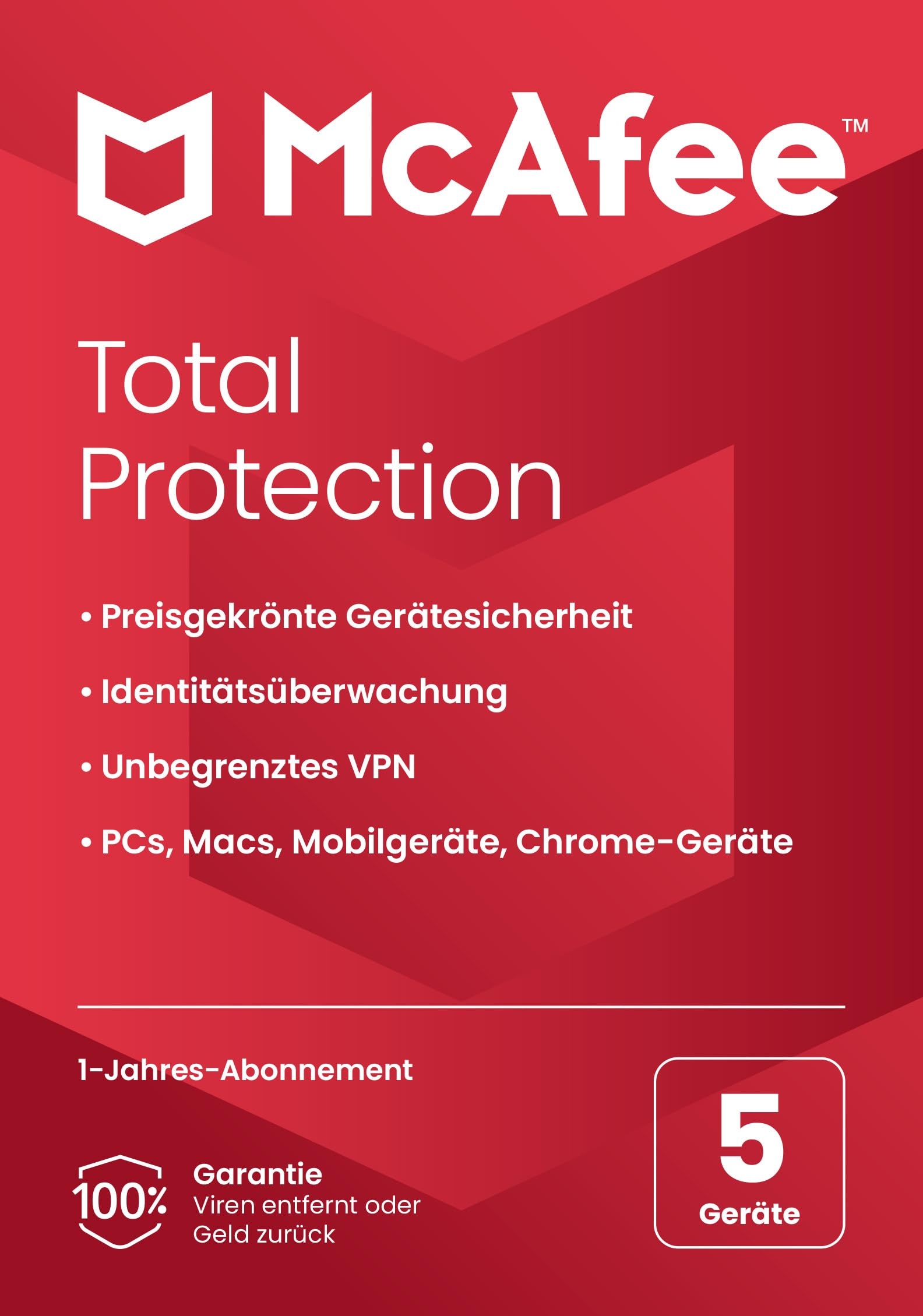 McAfee Total Protection 2024, 5 Geräte | Antivirus, VPN, Passwort-Manager, Mobil- und Internetsicherheit | PC/Mac/iOS/Android|1-Jahres-Abonnement | Zustellung per Post
