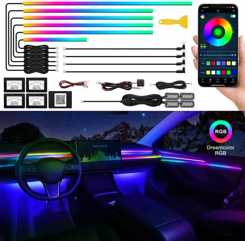 Dreamcolor LED-Streifenleuchte für den Innenraum des Fahrzeugs mit kabelloser App-Steuerung, RGB 14-in-1, 175 Zoll, 593 LEDs, Faseroptik-Ambilight-Sets, 16 Millionen Farben, Sound-Active-Funktion, Neon-Autoleuchten