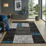 Carpetsale24 Teppich 160x230 cm Kurzflor Konturenschnitt in Schwarz Grau Blau Kariertes Design, Waschbar, Pflegeleicht, Extra Weich Für Wohnzimmer, Esszimmer, Schlafzimmer