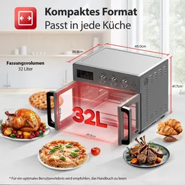TURBO TRONIC TurboTronic digitaler Heißluftofen - XXL 32 Liter mit Drehspieß 4in1 Mini Backofen & Power Heißluftfritteuse Airfryer